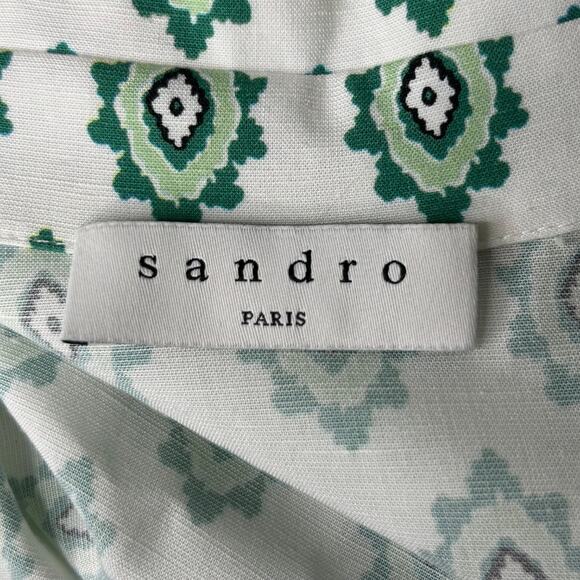 Sandro Naim Gathered Printed Woven Midi Shirt Dress Green Blue White SZ 40 US 8 - Picture 9 of 16